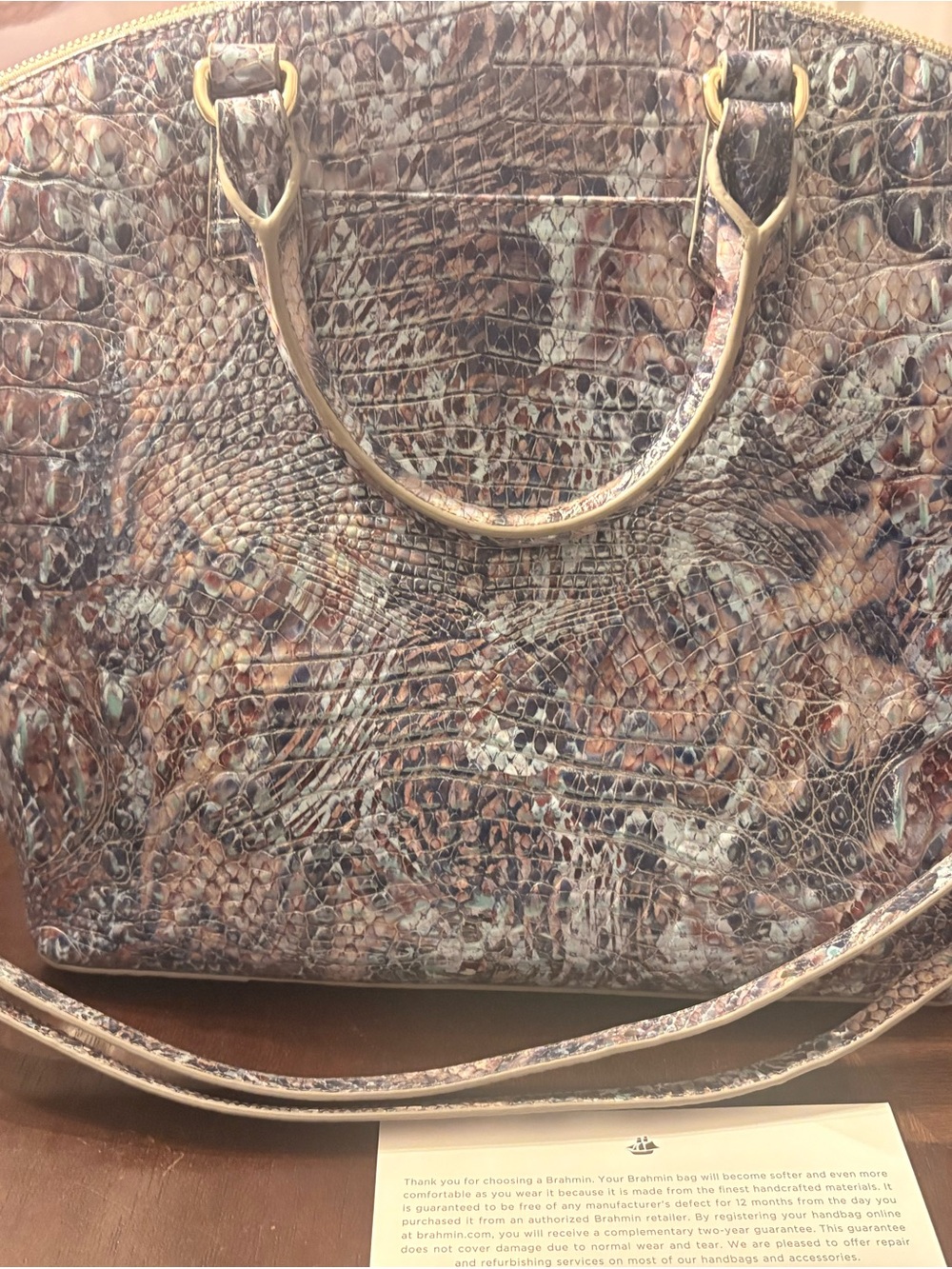 Brahmin Brown Croc-Embossed Satchel with Gold Hardware